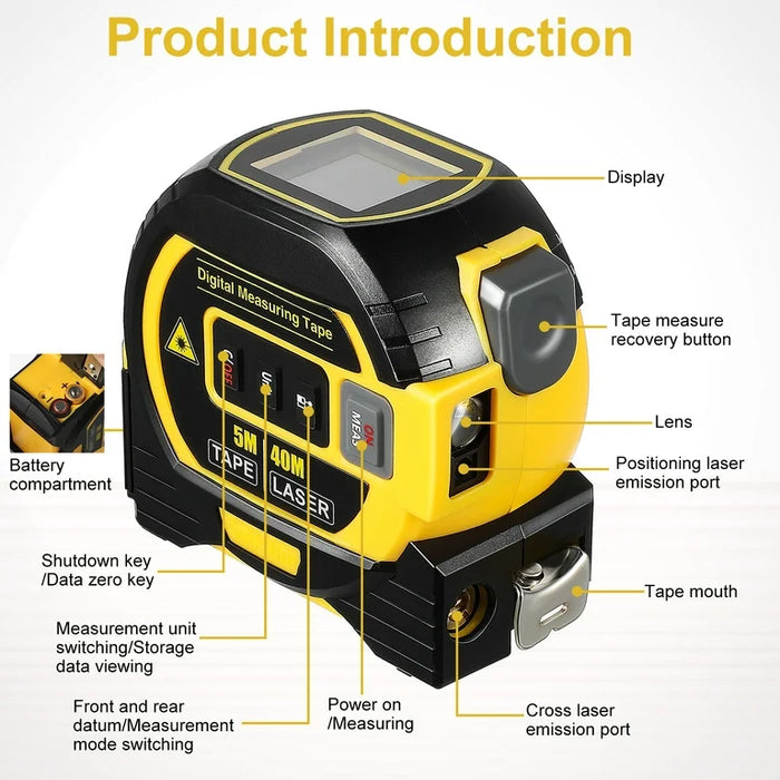 Laser Tape Measure 3 In 1 Digital Tape Measure High Precision Laser Rangefinder Steel Tape Measure