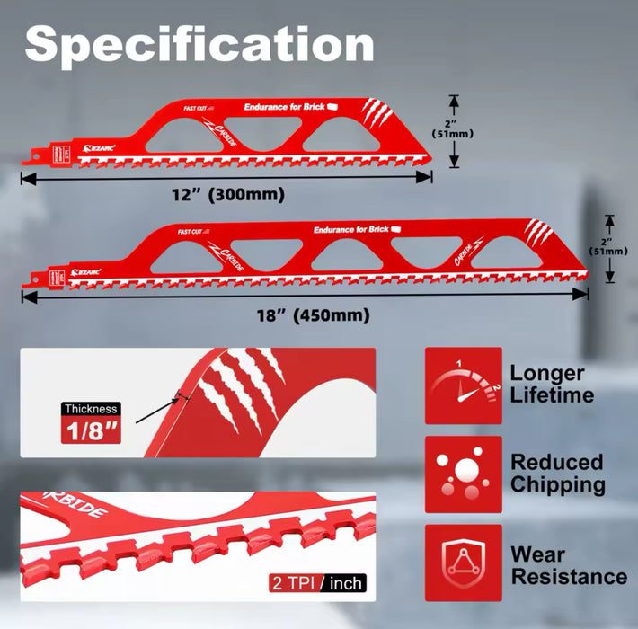 EZARC Masonry Reciprocating Saw Blade 12"/18" Carbide Sawzall Blades for Cutting Aerated Concrete