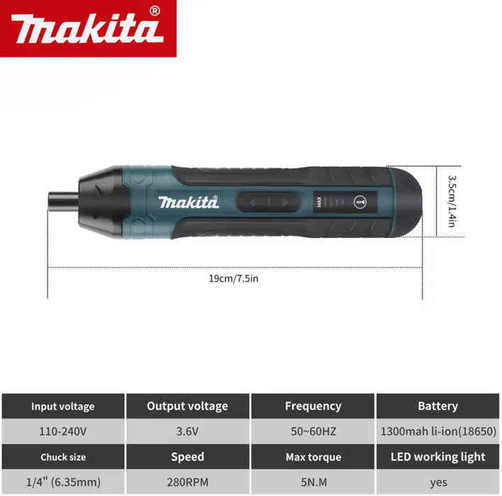 Makita Cordless Electric Screwdriver 3.6V 5N.m Torque | 1/4" Chuck 1300mAh Li - ion Battery