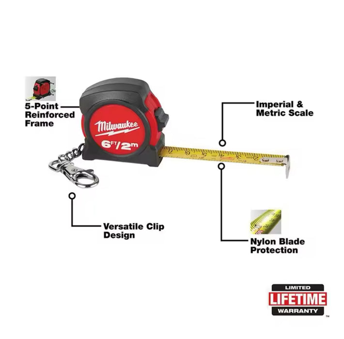 Milwaukee 6ft/2M Mini Tape Measure Keychain Portable Tape Measure Accessory