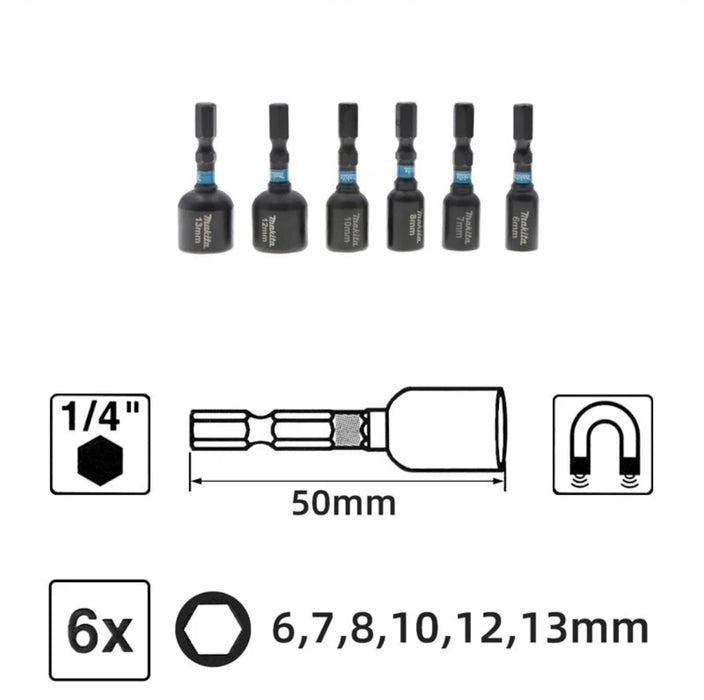 Makita E-18035 Black Impact Magnetic Socket 6X1/4"
Hexagonal Shank Hex Nut Length 50MM 6-13MM